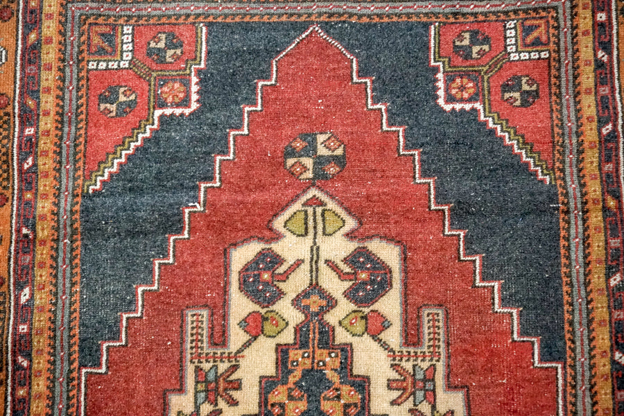 4’6 x 7’8 Vintage Turkish Oushak Carpet Muted Red, Charcoal and Ecru