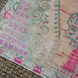4’2 x 7’6 Vintage Turkish Oushak Carpet Bright Pink, Light Pink and Green