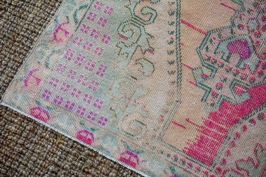 4’2 x 7’6 Vintage Turkish Oushak Carpet Bright Pink, Light Pink and Green
