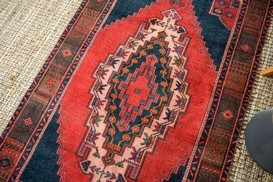 4’6 x 8’6 Vintage Turkish Oushak Carpet Red, Dark Blue + Purple
