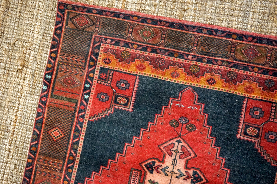4’6 x 8’6 Vintage Turkish Oushak Carpet Red, Dark Blue + Purple