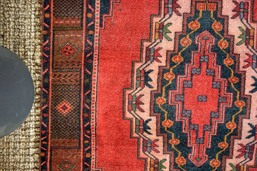 4’6 x 8’6 Vintage Turkish Oushak Carpet Red, Dark Blue + Purple
