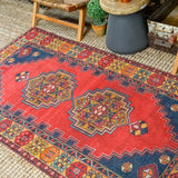 4’1 x 7’1 Vintage Turkish Oushak Carpet Red, Blue + Yellow