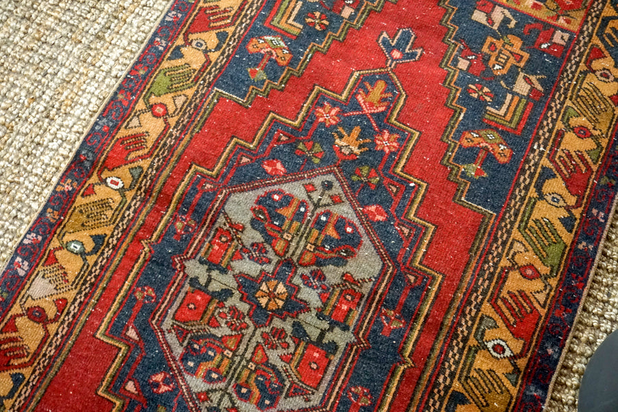 3’4 x 6’7 Vintage Turkish Oushak Carpet Red, Blue + Camel