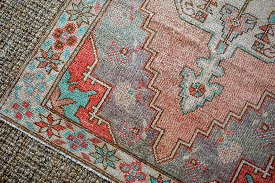 4’2 x 8’10 Vintage Turkish Oushak Carpet Muted Copper, Purple and Teal