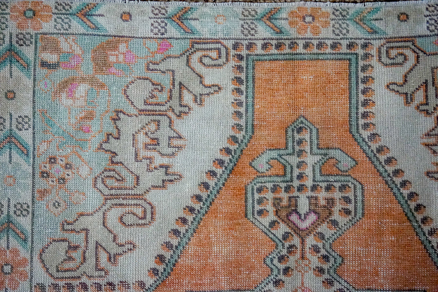 4’6 x 7’3 Vintage Turkish Oushak Carpet Muted Terra Cotta, Mint and Beige
