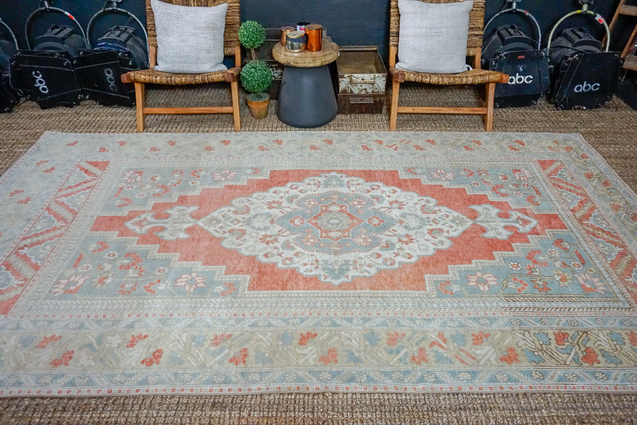 5’10 x 11’ Vintage Turkish Taspinar Carpet Muted Copper, Sage + Seafoam Green