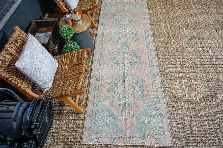 2’9 x 9’5 Vintage Turkish Oushak Runner Muted Pink, Blue and Gray
