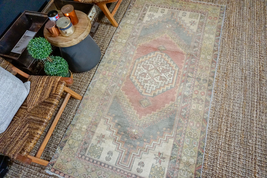 3’9 x 7’7 Vintage Turkish Oushak Carpet Muted Red, Gray + Chartreuse
