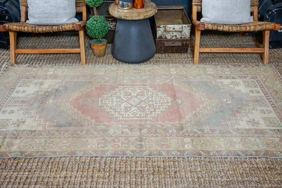 3’9 x 7’7 Vintage Turkish Oushak Carpet Muted Red, Gray + Chartreuse