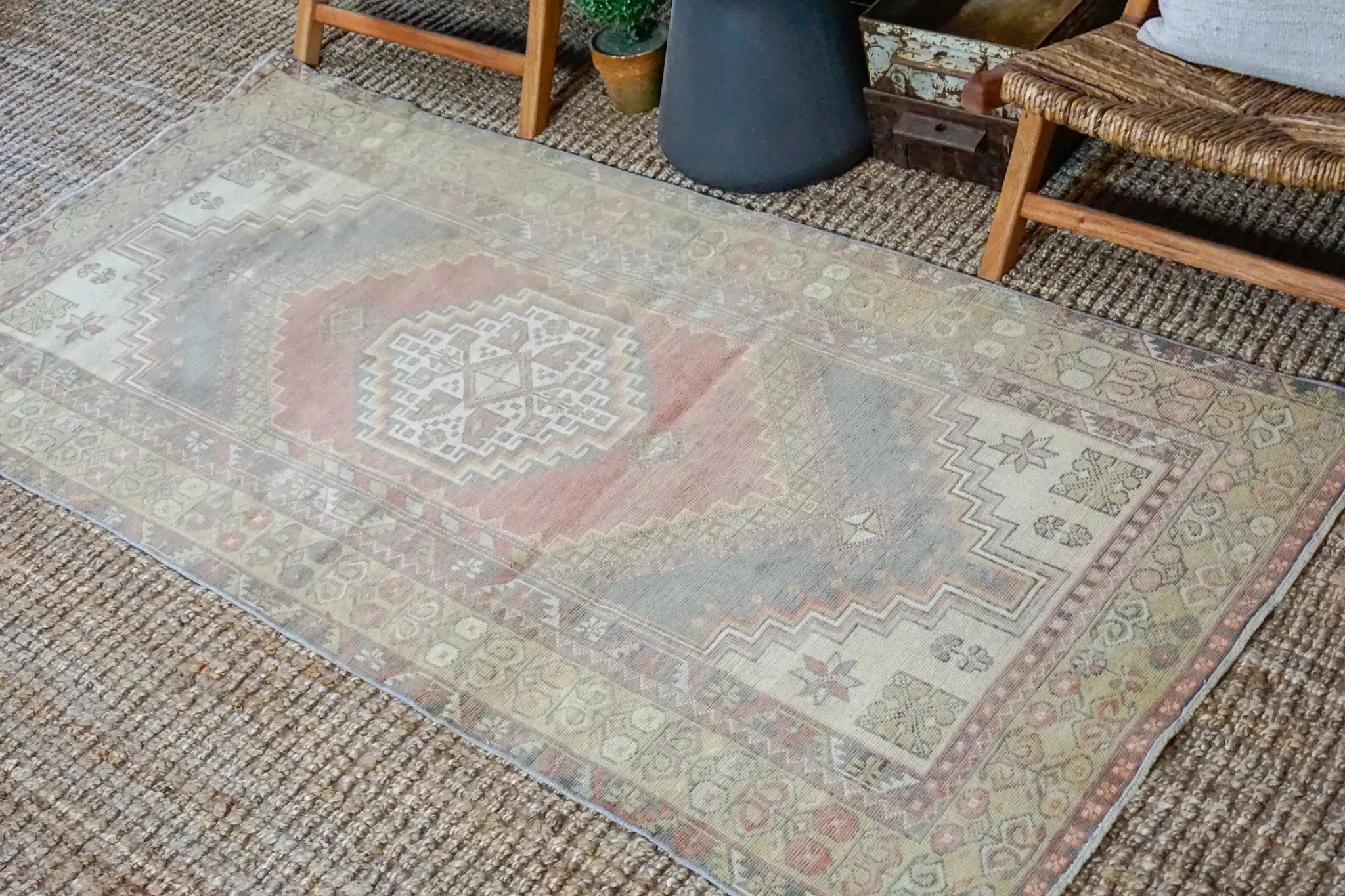3’9 x 7’7 Vintage Turkish Oushak Carpet Muted Red, Gray + Chartreuse '3559 Linda's Barn