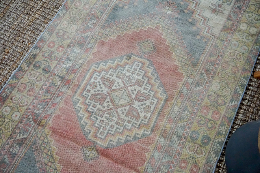 3’9 x 7’7 Vintage Turkish Oushak Carpet Muted Red, Gray + Chartreuse