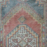 3’9 x 7’7 Vintage Turkish Oushak Carpet Muted Red, Gray + Chartreuse
