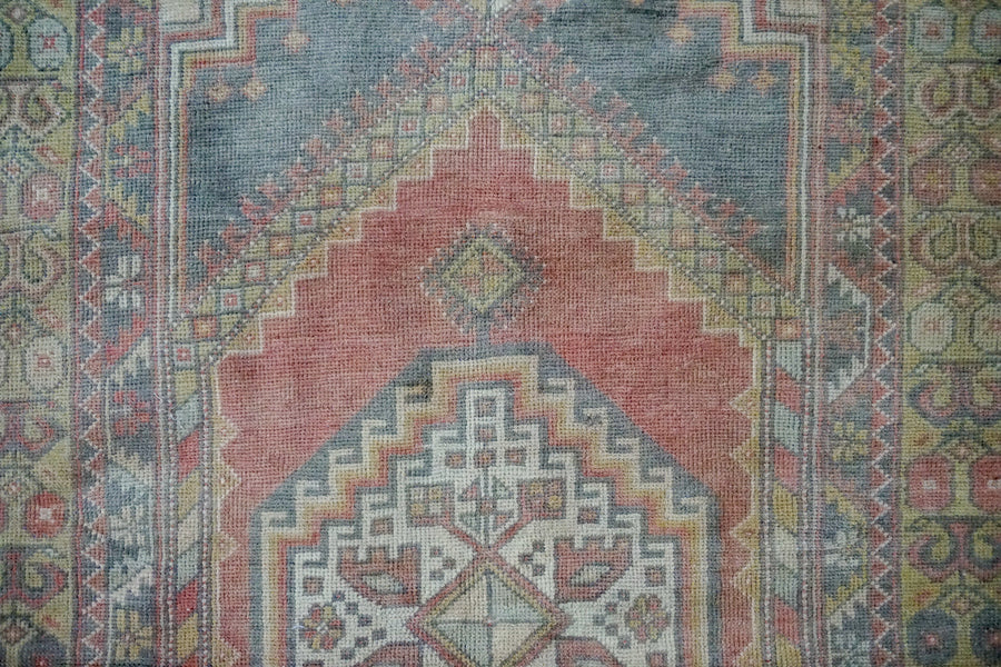 3’9 x 7’7 Vintage Turkish Oushak Carpet Muted Red, Gray + Chartreuse