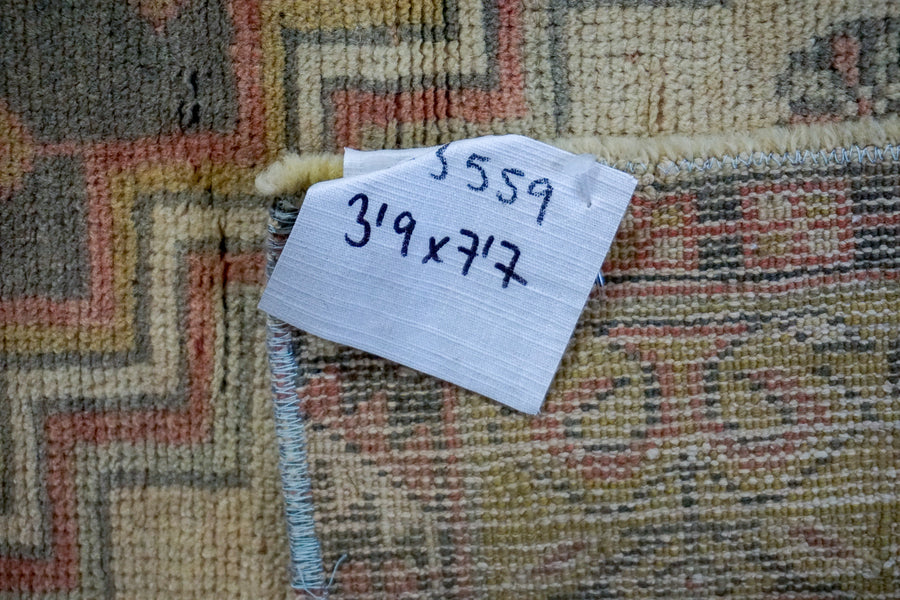 3’9 x 7’7 Vintage Turkish Oushak Carpet Muted Red, Gray + Chartreuse