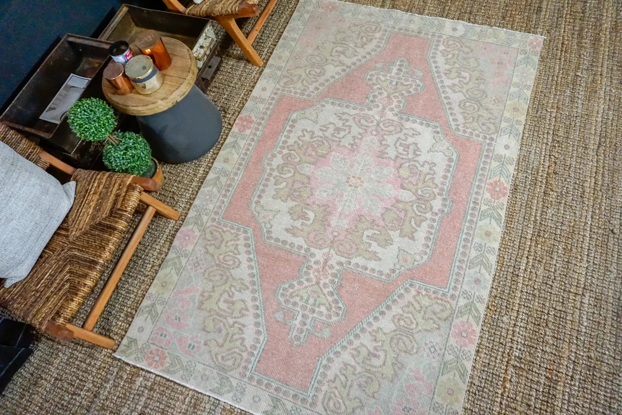 4’6 x 7’3 Oushak Rug Muted Rose Pink, Green and Beige Vintage Turkish Carpet '3558 Linda's Barn