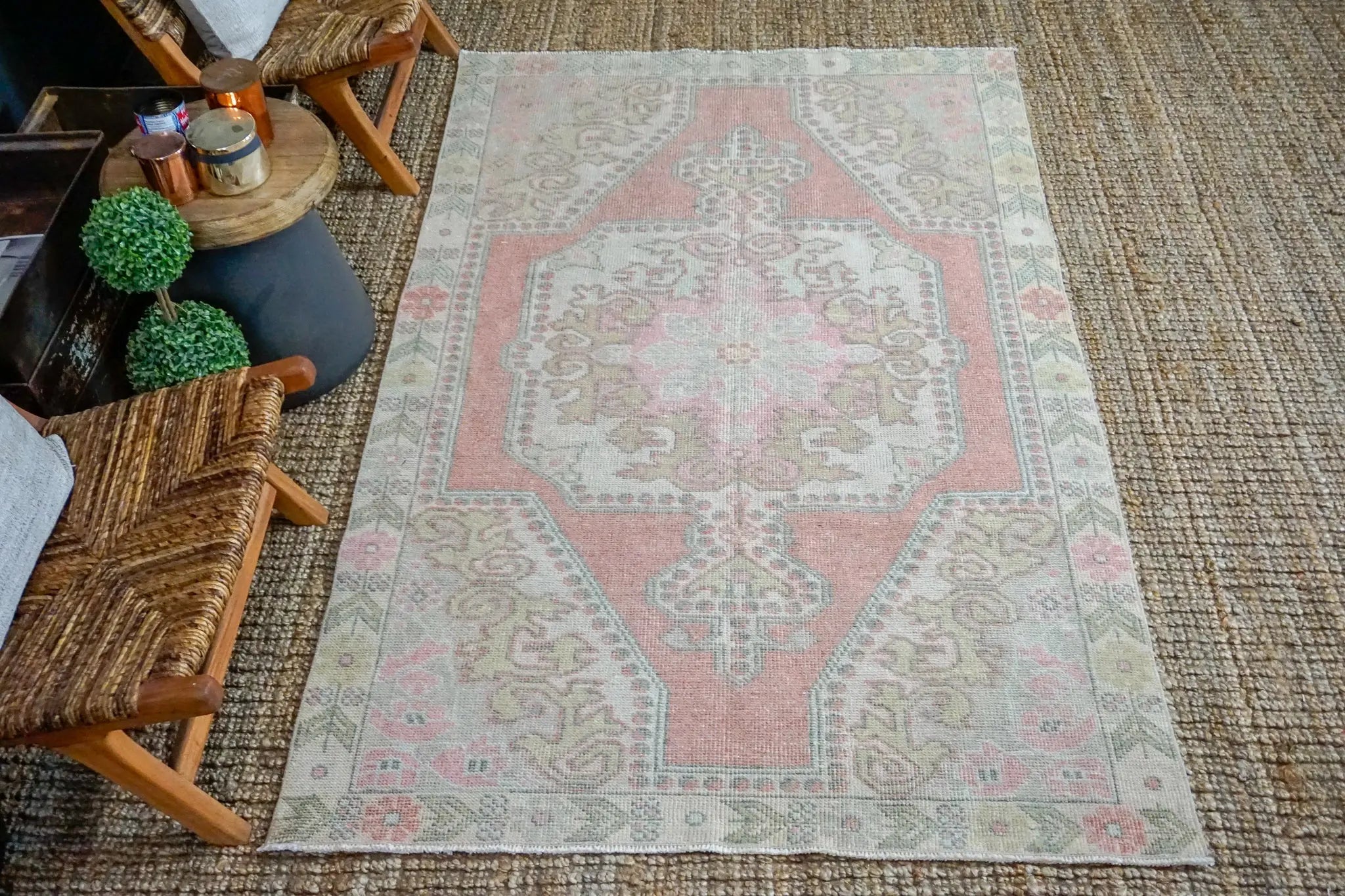 4’6 x 7’3 Oushak Rug Muted Rose Pink, Green and Beige Vintage Turkish Carpet '3558 Linda's Barn