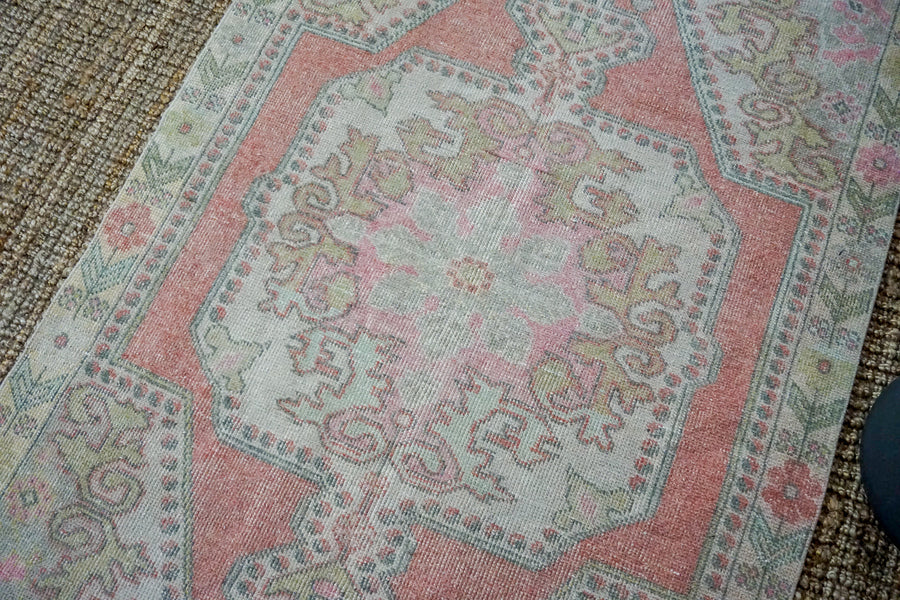 4’6 x 7’3 Oushak Rug Muted Rose Pink, Green and Beige Vintage Turkish Carpet