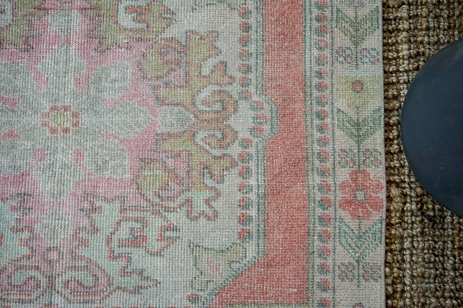 4’6 x 7’3 Oushak Rug Muted Rose Pink, Green and Beige Vintage Turkish Carpet