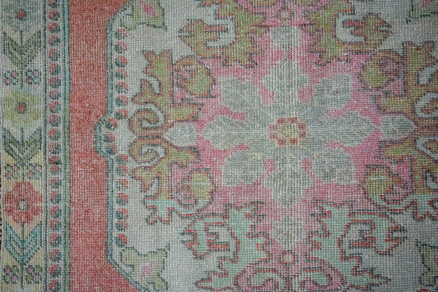 4’6 x 7’3 Oushak Rug Muted Rose Pink, Green and Beige Vintage Turkish Carpet