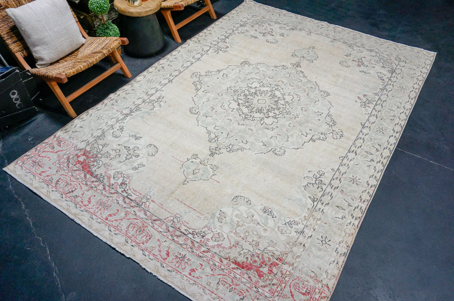 7’ x 10’3 Vintage Oushak Rug Beige, Sage & Red