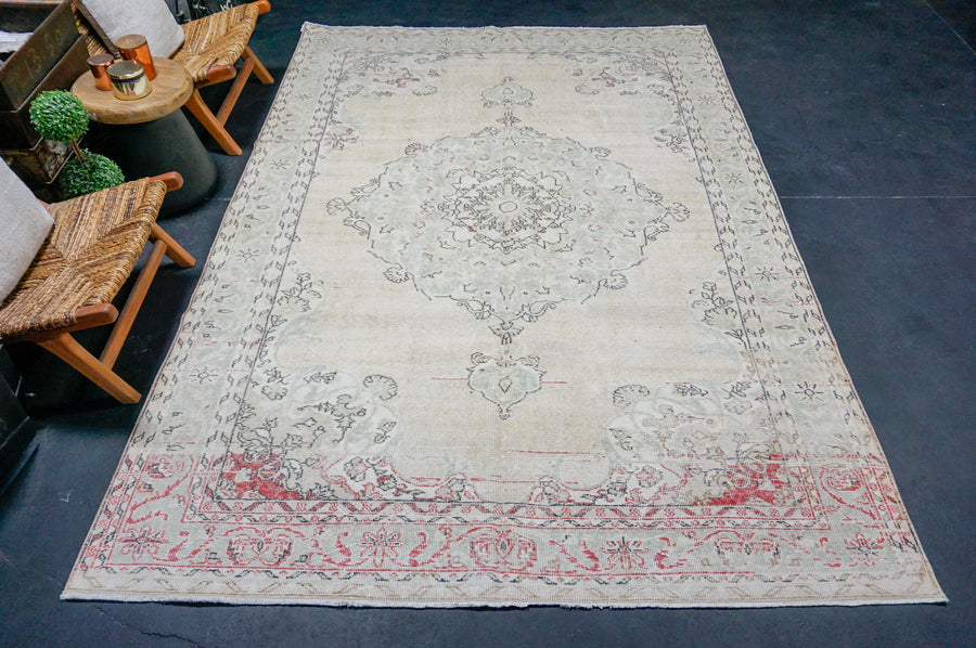 7’ x 10’3 Vintage Oushak Rug Beige, Sage & Red