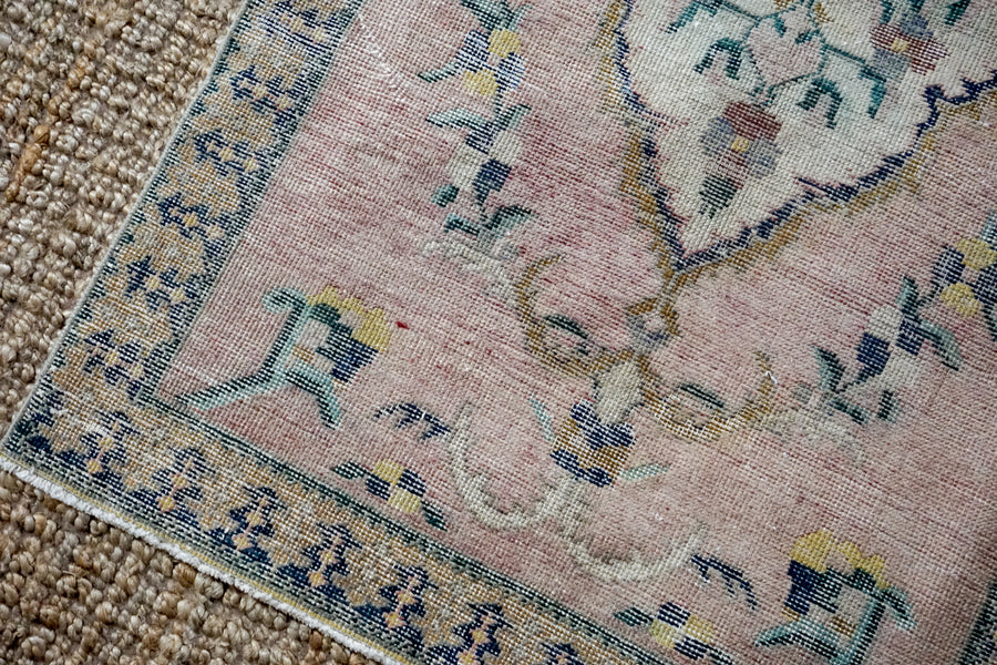 3’2 x 9’3 Vintage Turkish Oushak Runner Muted Gray, Blue and Pink