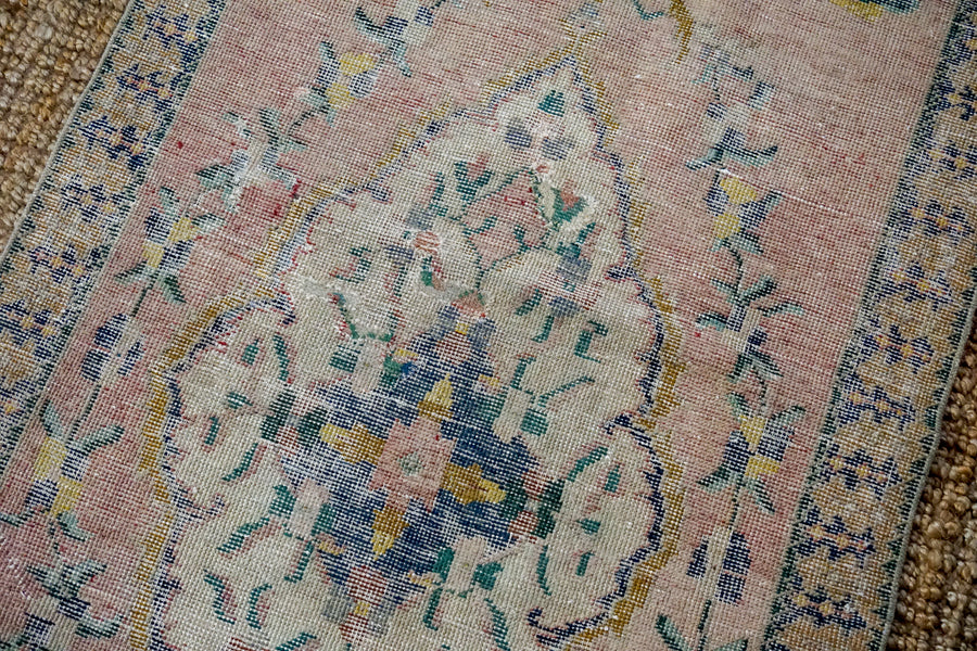 3’2 x 9’3 Vintage Turkish Oushak Runner Muted Gray, Blue and Pink