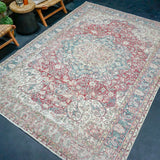 6’10 x 9’10 Vintage Oushak Rug Muted Raspberry, Blue + Beige