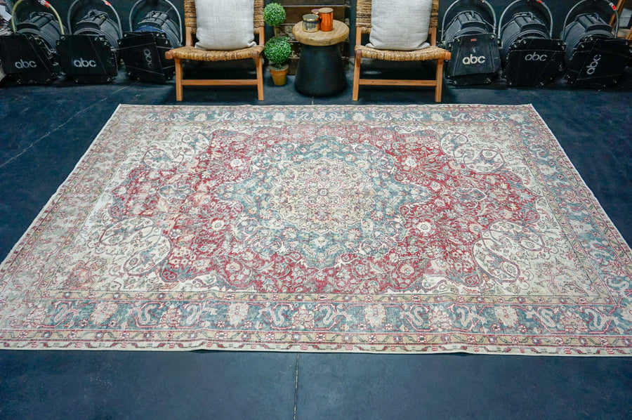 6’10 x 9’10 Vintage Oushak Rug Muted Raspberry, Blue + Beige