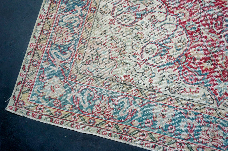 6’10 x 9’10 Vintage Oushak Rug Muted Raspberry, Blue + Beige