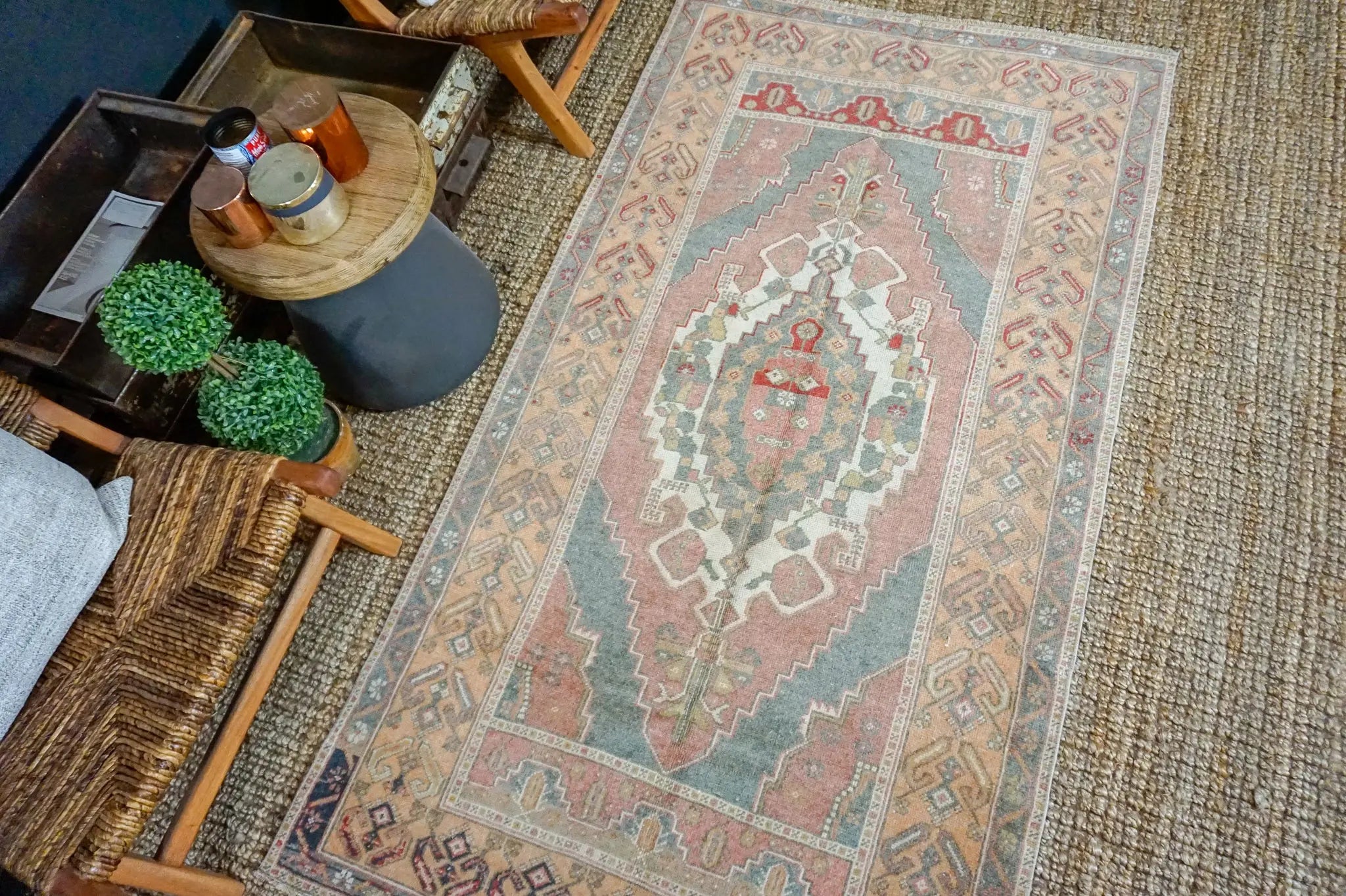 3’9 x 7’1 Oushak Rug Muted Red, Apricot + Gray Vintage Turkish Carpet '3464 Linda's Barn