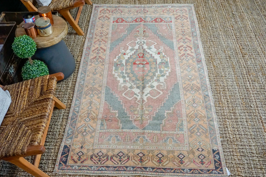 3’9 x 7’1 Oushak Rug Muted Red, Apricot + Gray Vintage Turkish Carpet