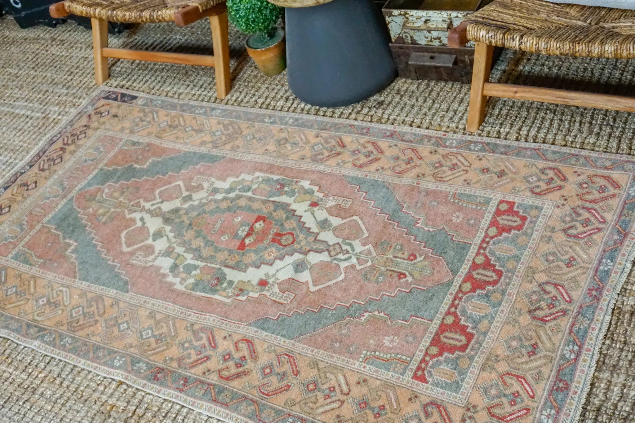 3’9 x 7’1 Oushak Rug Muted Red, Apricot + Gray Vintage Turkish Carpet '3464 Linda's Barn