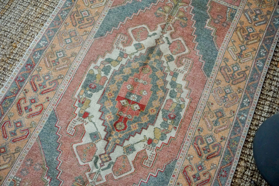 3’9 x 7’1 Oushak Rug Muted Red, Apricot + Gray Vintage Turkish Carpet