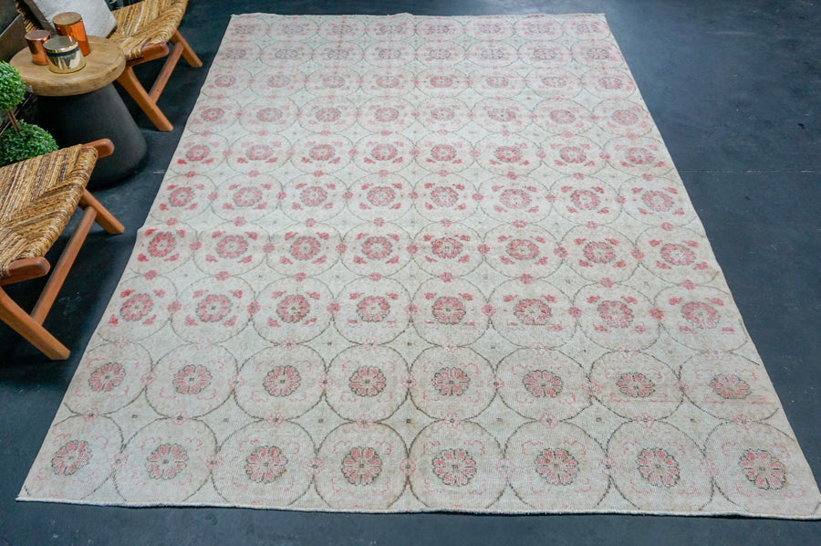 6’10 x 10’ Vintage Oushak Rug Muted Beige, Pink & Green