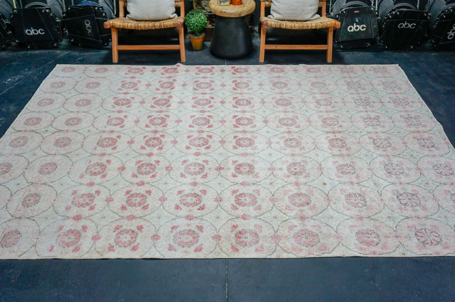 6’10 x 10’ Vintage Oushak Rug Muted Beige, Pink & Green