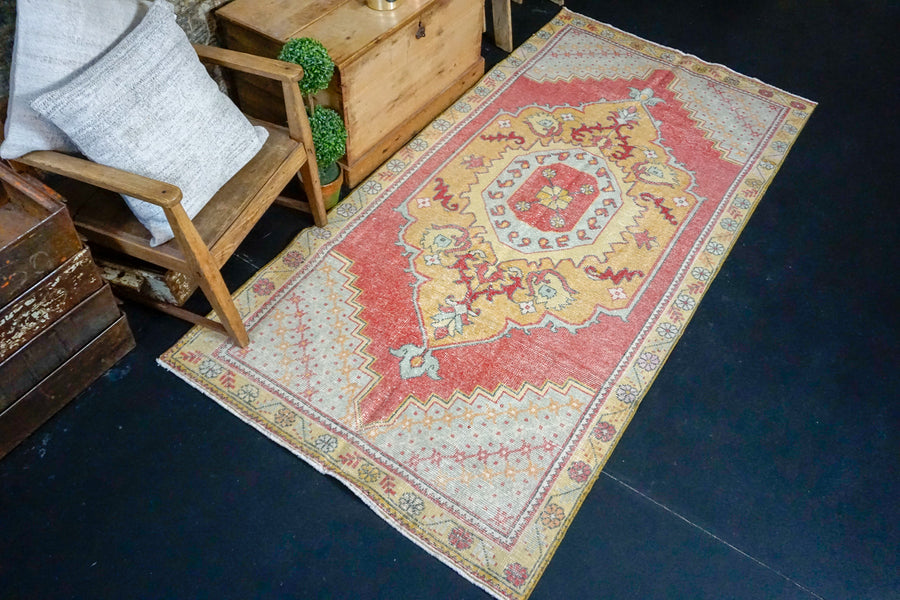 3’11 x 7’11 Vintage Oushak Rug Coral Red, Gold and Gray