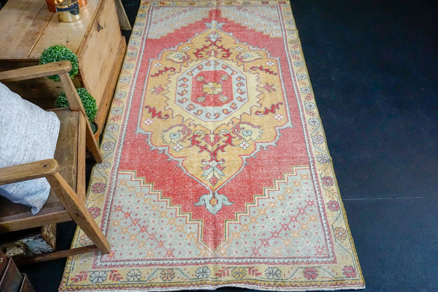 3’11 x 7’11 Vintage Oushak Rug Coral Red, Gold and Gray