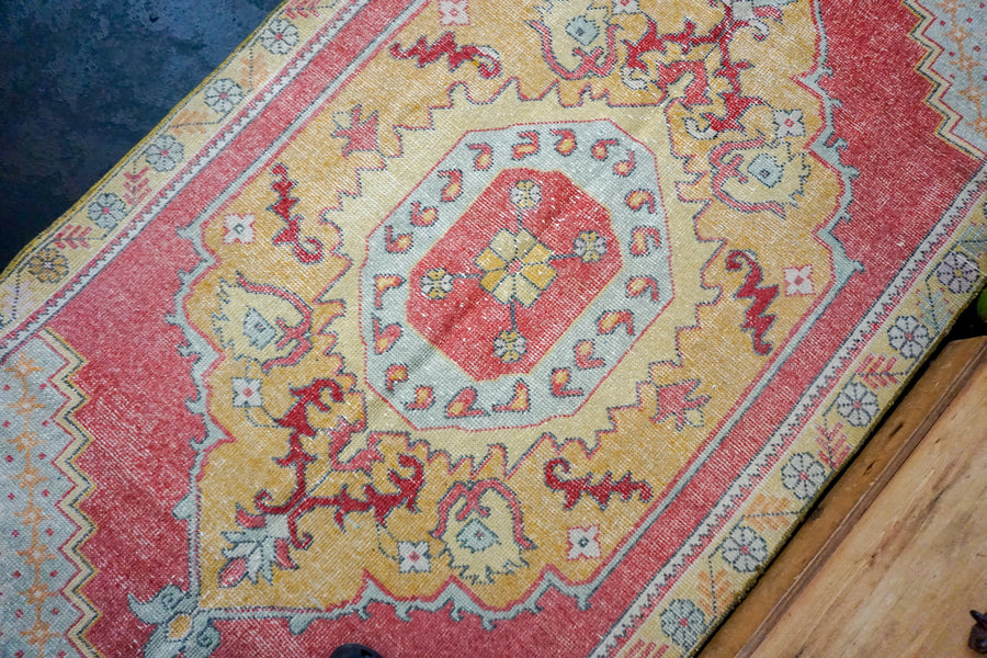 3’11 x 7’11 Vintage Oushak Rug Coral Red, Gold and Gray