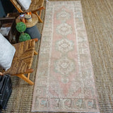 3’1 x 10 Vintage Turkish Runner Muted Pink, Turquoise and Mocha