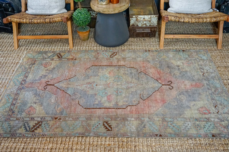 3’9 x 6’5 Turkish Oushak Rug Muted Gray, Copper and Blue Vintage Carpet