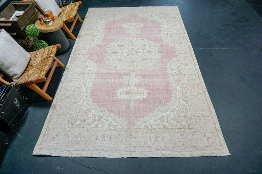 6’3 x 10’7 Vintage Oushak Rug Muted Pink, Cream + Green
