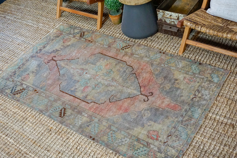 3’9 x 6’5 Turkish Oushak Rug Muted Gray, Copper and Blue Vintage Carpet