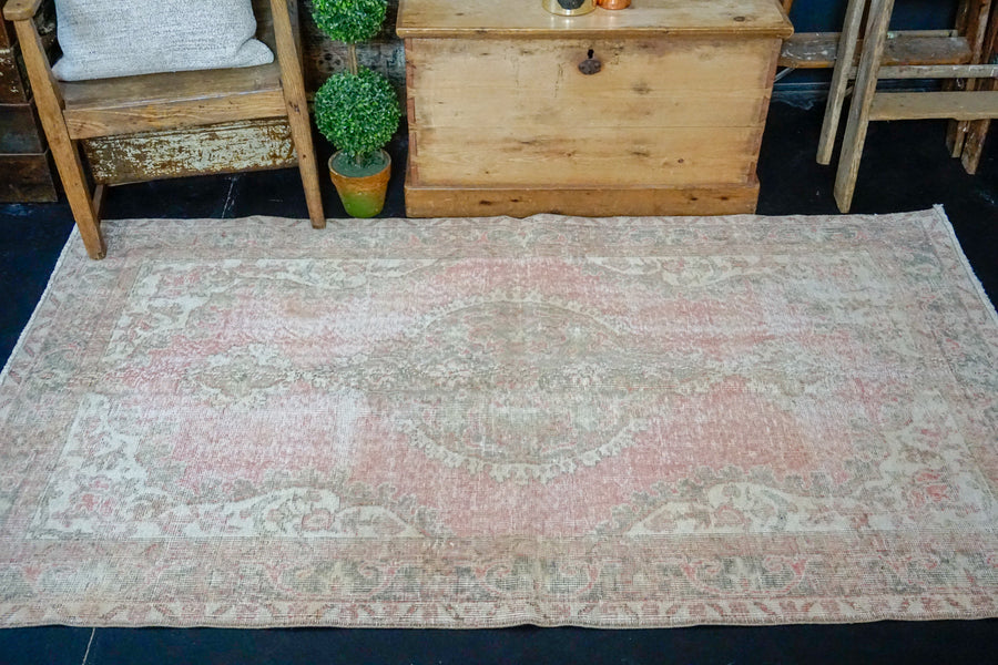 3’9 x 6’11 Vintage Turkish Oushak Rug Pink Coral and Brown