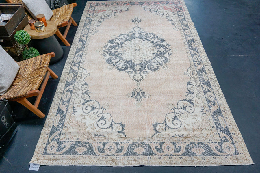 6’4 x 11’5 Vintage Oushak Rug Muted Navy, Blush & Cream