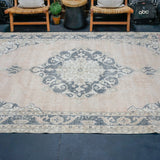 6’4 x 11’5 Vintage Oushak Rug Muted Navy, Blush & Cream