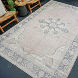 6’10 x 11” Vintage Oushak Rug Muted Navy Blue + Pale Pink