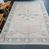 6’10 x 11” Vintage Oushak Rug Muted Navy Blue + Pale Pink