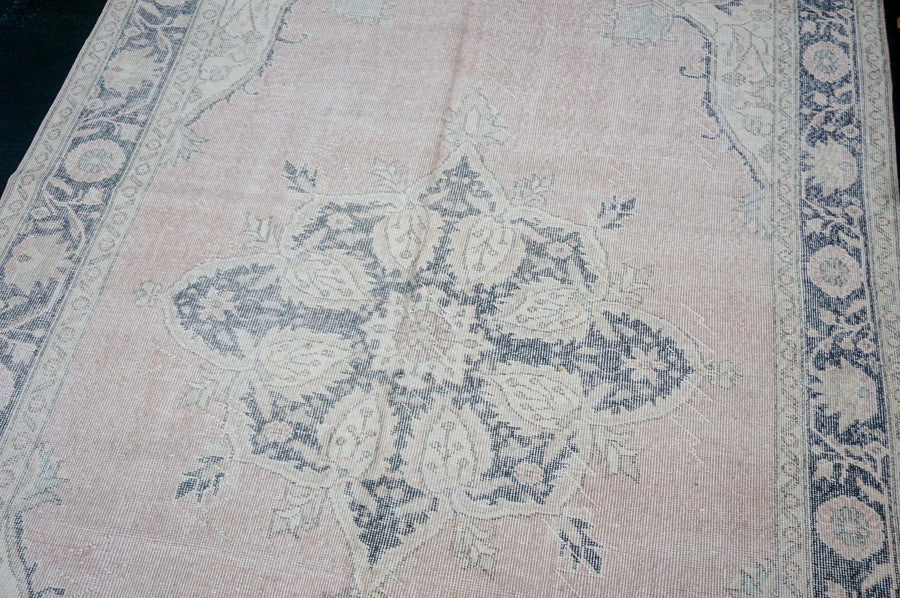 6’10 x 11” Vintage Oushak Rug Muted Navy Blue + Pale Pink